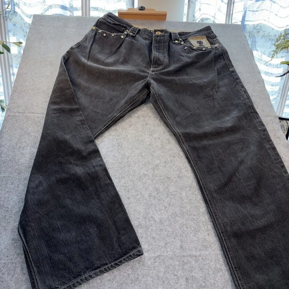 Coogi Jeans Mens 42x35 Black Denim Gold Studded Flap Pockets Patch Embroidered